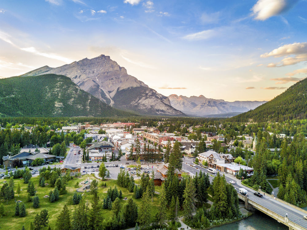 The town of Banff from an aerial viewpoint in the mountains