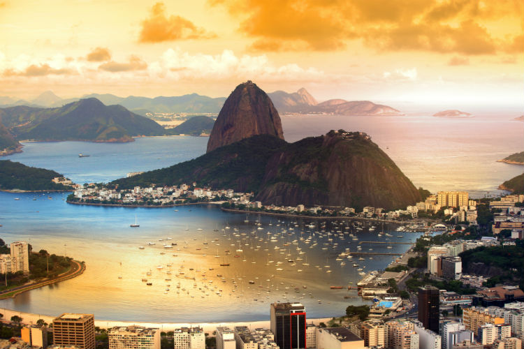 The Rio de Janeiro harbour at sunset. Photo taken from the mainland looking out