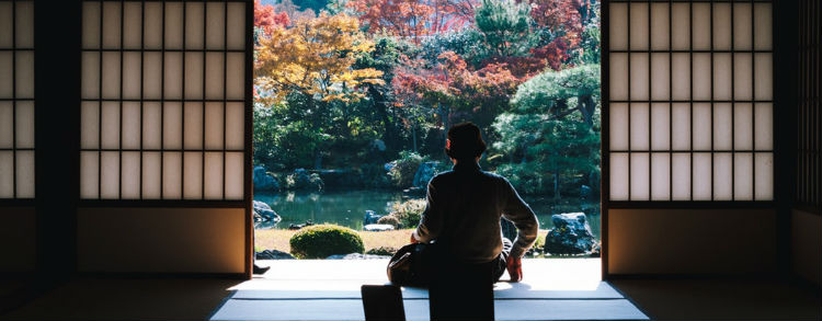 The silhouette of a woman wearing traditional Japenese clothes sitting cross-legged looking out her front door