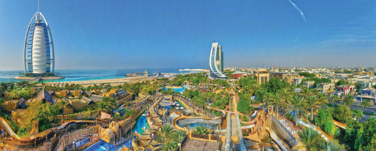 Wild Wadi Waterpark Dubai taken from a high heigfht with the Arabian Gulf in the background