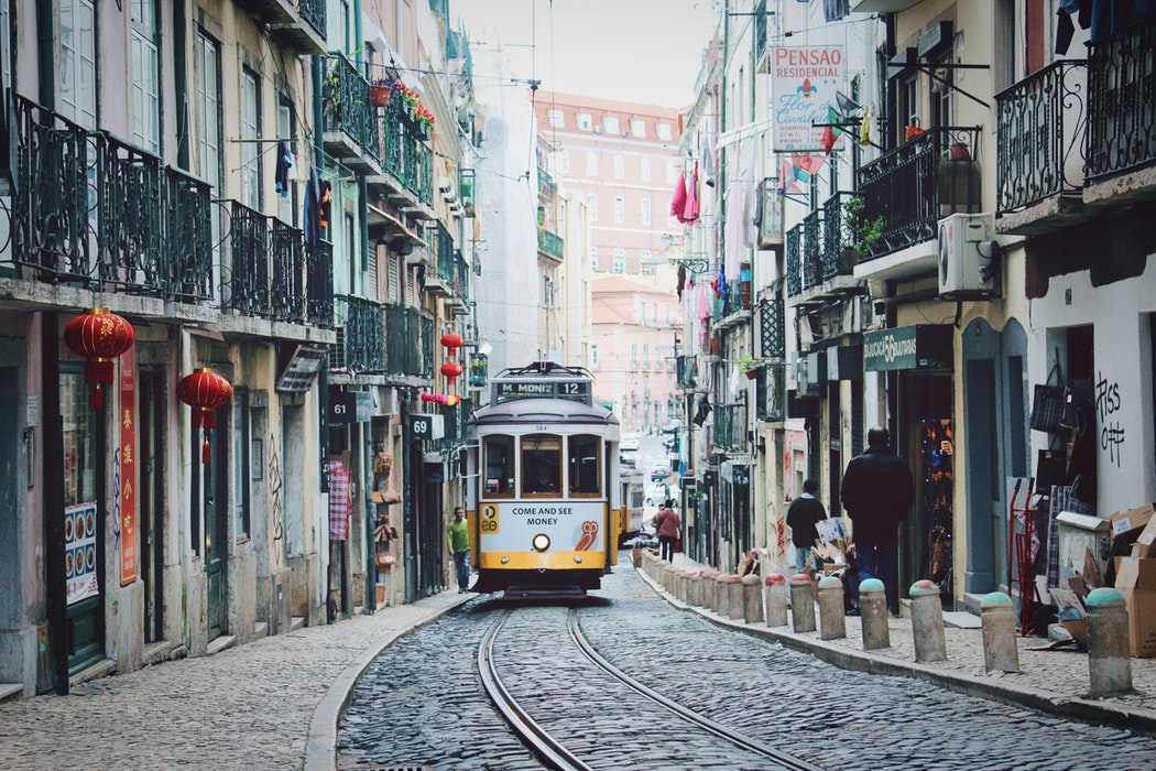 A cable car winding through Lisbon