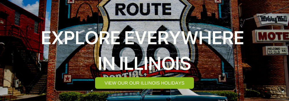 A banner that says "Explore Everywhere in Illinois" with an image of Route 66 in the background. 