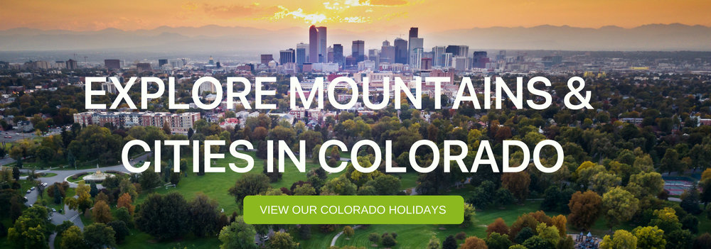A banner that says "Explore Mountains and Cities in Colorado"