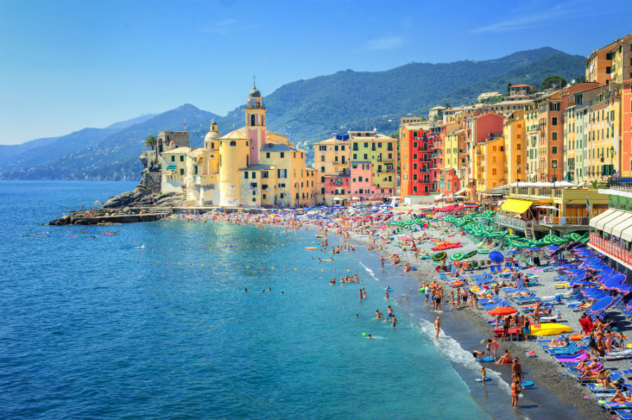 Colourful buildings along the coast in Genoa Italy