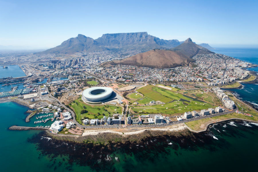 Cape Town South Africa from above with the football stadium in full view. 