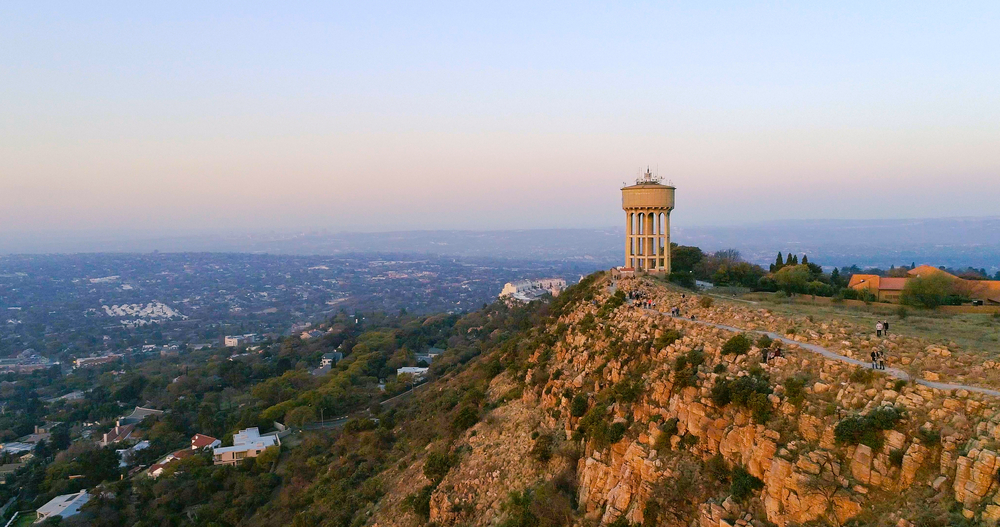 A view of Johannesburg from above in the late evening sunset