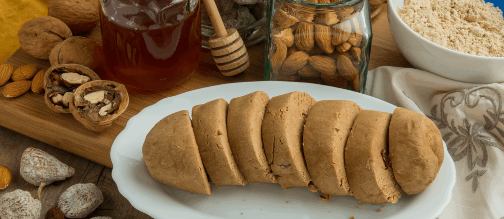 Tray with gofio kneaded with honey and almonds, a typical food product of the Canary Islands