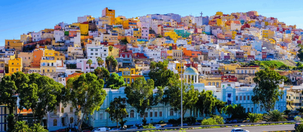 Gran Canaria many colourful houses in Ciudad alta, Las Palmas. Sunny view of the picturesque old town