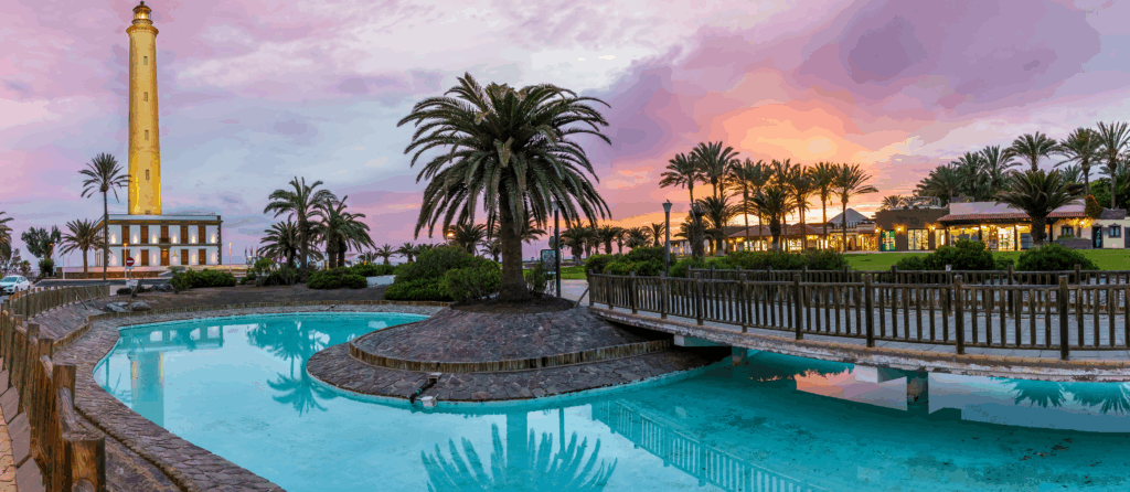 Landscape with Maspalomas Lighthouse at twilight time, Gran Canary, Spain