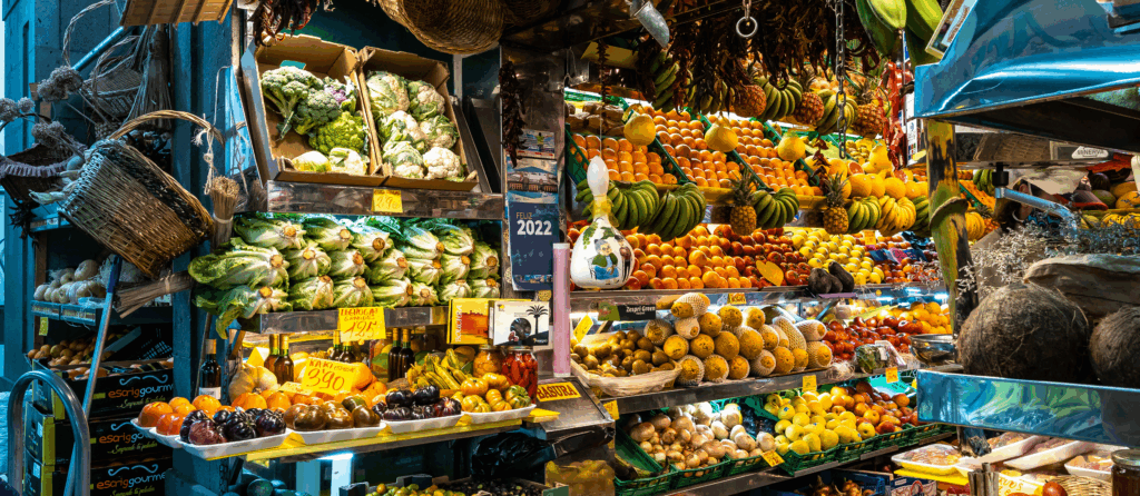 Fresh vegetables and fruit in the historical farmer Mercado de Vegueta market at Las-Palmas de Gran Canaria, Spain
